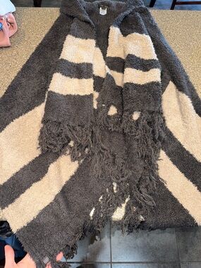Barefoot Dreams Charcoal and Cream Striped Fringe Poncho